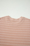 Khaki Stripe Raised Rib Loose Tee Drawstring Elastic Waist 2pcs Short Set