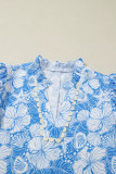 Sky Blue Oceanic Floral Print Scalloped Trim V Neck Short Sleeve Blouse
