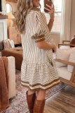 Brown Stripe Shirt Collar Color Block Patchwork Trim Ruffle Hem Short Dress
