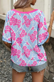 Rose Floral Print Ruffled Color Block Trim Half Sleeve Blouse
