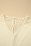 Beige Lace Splicing Button Cutout V Neck Waffle Knit Blouse