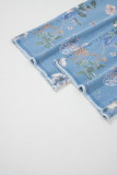 Sky Blue Retro Floral Print Frayed Hem Shift Jeans