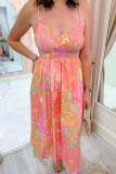 Pink Spaghetti Straps Floral Shirred High Waist Dress