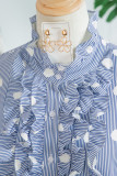 Sky Blue Stripe Contrast Polka Dot Print Pleated Ruffle Sleeve Shirt