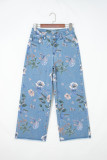 Sky Blue Retro Floral Print Frayed Hem Shift Jeans