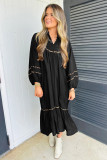 Black Contrast Leopard Trim Split Neck Long Sleeve Casual Midi Dress