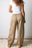 Khaki Leopard Print Star Patched Drawstring Elastic Waist Jogger Pants