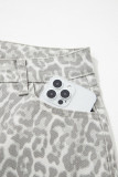 Gray Leopard Frayed Edge Wide Leg High Waist Jeans