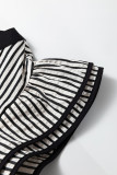 Black Stripe Double Ruffled Short Sleeve Contrast Trim V Neck Midi Dress