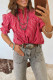 Red Stripe Ruffled Short Puff Sleeve Button Front Blouse
