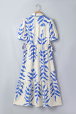 Sky Blue Leafy Botanical Print Side Tie Button Down Maxi Dress