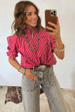 Red Stripe Ruffled Short Puff Sleeve Button Front Blouse