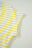 Yellow Stripe Colorblock Trim V Neck Tee Drawstring Elastic Waist Short Set