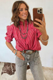 Red Stripe Ruffled Short Puff Sleeve Button Front Blouse