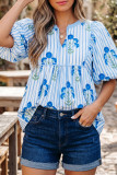 Sky Blue Floral Print Tie Neck Puff Sleeve Blouse