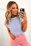 Blue Stripe Contrast Trim Round Neck Cap Sleeve Tee
