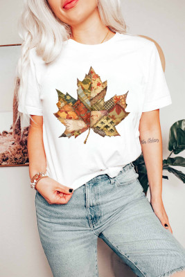 White Patchwork Maple Leaf Print Round Neck Casual T-Shirt