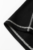 Black Waffle Textured Contrast Trim V Neck Tee