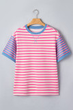 Pink Stripe Contrast Patchwork Short Sleeve Loose Tee