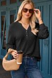 Black Button Notched Neck Waffle Knit Long Sleeve Top