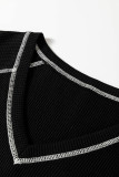 Black Waffle Textured Contrast Trim V Neck Tee