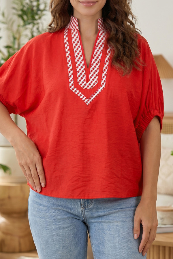 Red V Neck Plaid Collar Short Sleeve Tunic Blouse