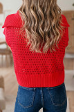 Fiery Red Solid Color Hollowed Knit Short Sleeve Zipper Collar Knitwear Top