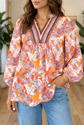Pink Floral Print V Neck Long Sleeve Shift Blouse