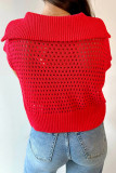 Fiery Red Solid Color Hollowed Knit Short Sleeve Zipper Collar Knitwear Top