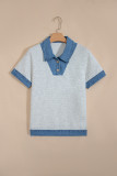 Light Grey Denim Contrast Collar Cuffed Short Sleeve Top
