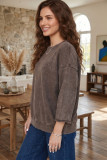 Dark Brown 3/4 Sleeve Mineral Wash Loose Cotton Top