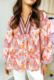 Pink Floral Print V Neck Long Sleeve Shift Blouse
