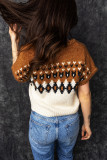 Brown V Neck Short Sleeve Geometric Print Western Style Knit Tee