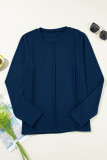 Navy Blue Solid Exposed Seam Crew Neck Long Sleeve Top