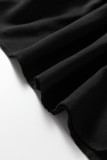 Black Collared V Neck Smocked Detail Contrast Leopard Trim Bracelet Sleeve Long Dress