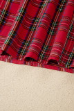 Red Plaid V Neck Ruffle Color Block Trim Short Sleeve Shirt