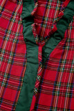 Red Plaid V Neck Ruffle Color Block Trim Short Sleeve Shirt