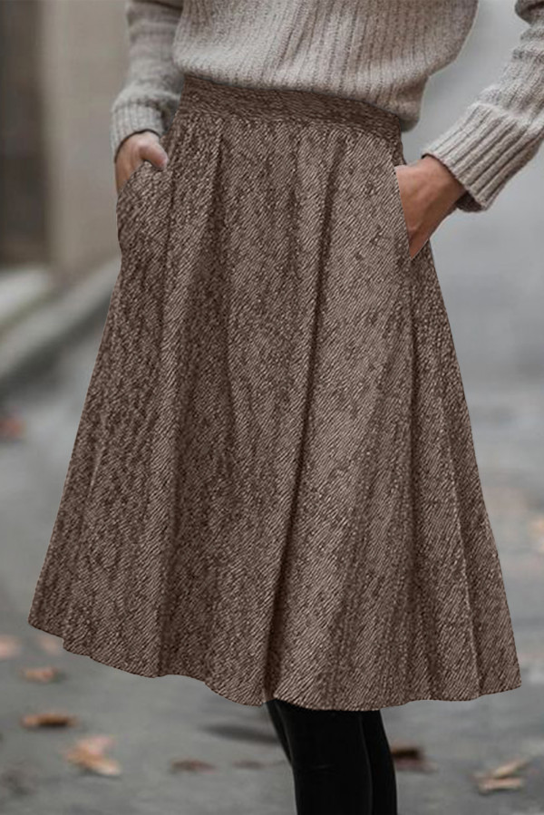 Brown Solid Color Textured Pleated Midi Skirt