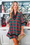 Green Plaid Velvet Trim Pockets Short Shift Dress