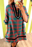 Green Plaid Velvet Trim Pockets Short Shift Dress