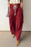 Racing Red Elastic Waist Drawstring Corduroy Casual Pants