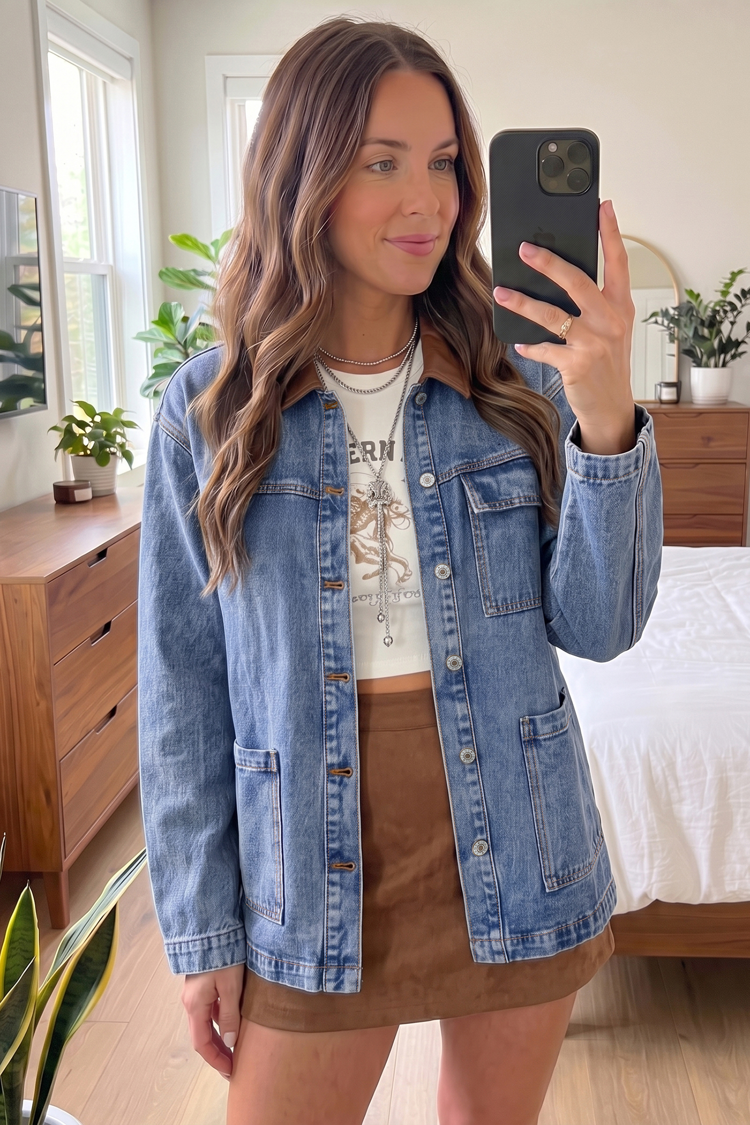 US$ 31.87 - Sky Blue Patchwork Leather Collar Long Sleeve Denim