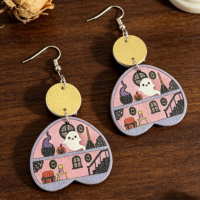 Halloween Cute Ghost Pink  Wooden Earrings