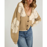 Women Floral Print Cropped Knit Button Cardigan