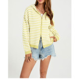 Women Striped Zip Hooded Knit Cardigan
