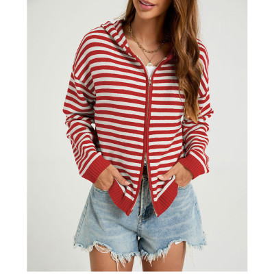 Women Striped Zip Hooded Knit Cardigan