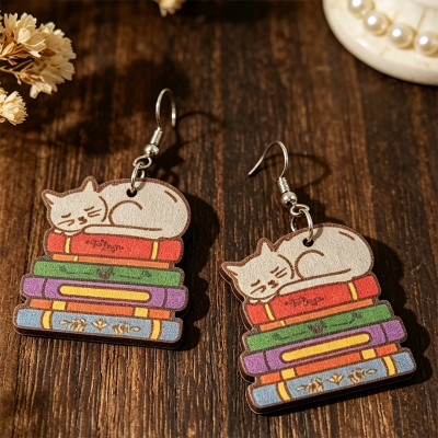 Sleeping Cat Books Wooden Dangle Earrings