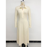 Women Polo Collar Ribbed Knit Midi Dress