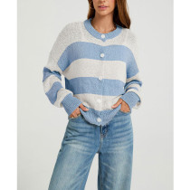 Striped Knit Cardigan for Women, Crew Neck Button Down Drop Shoulder Long Sleeve Loose Casual Knit Outer Sweater
