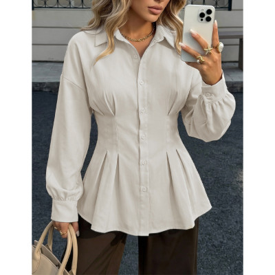 Waist Pleated Fitted Peplum Shirt Women Lapel Collar Puff Long Sleeve Button Blouse